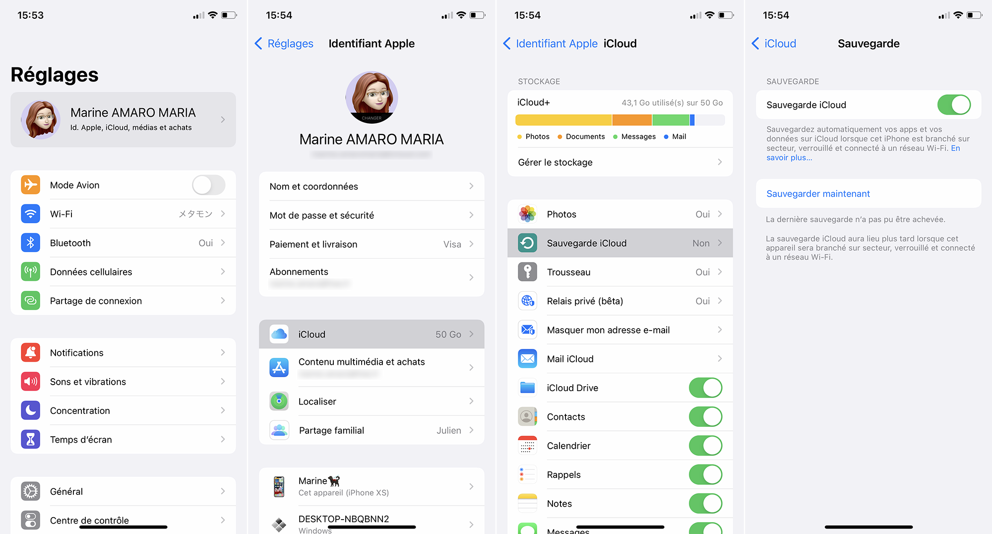 iPhone : Réglages > id > iCloud > Sauvegarde iCloud