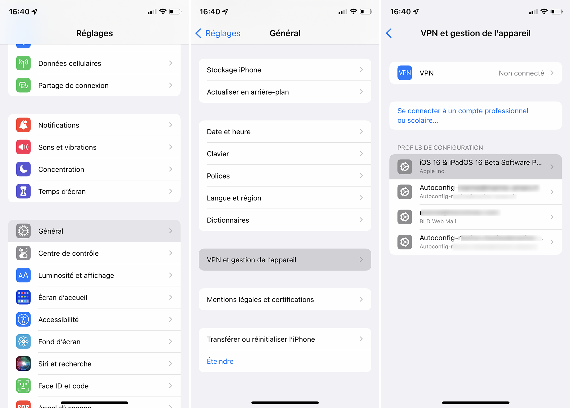 Illustration du texte : Réglages > Général > VPN et gestion de l’appareil > iOS 16 & iPadOS 16 Beta Software Program