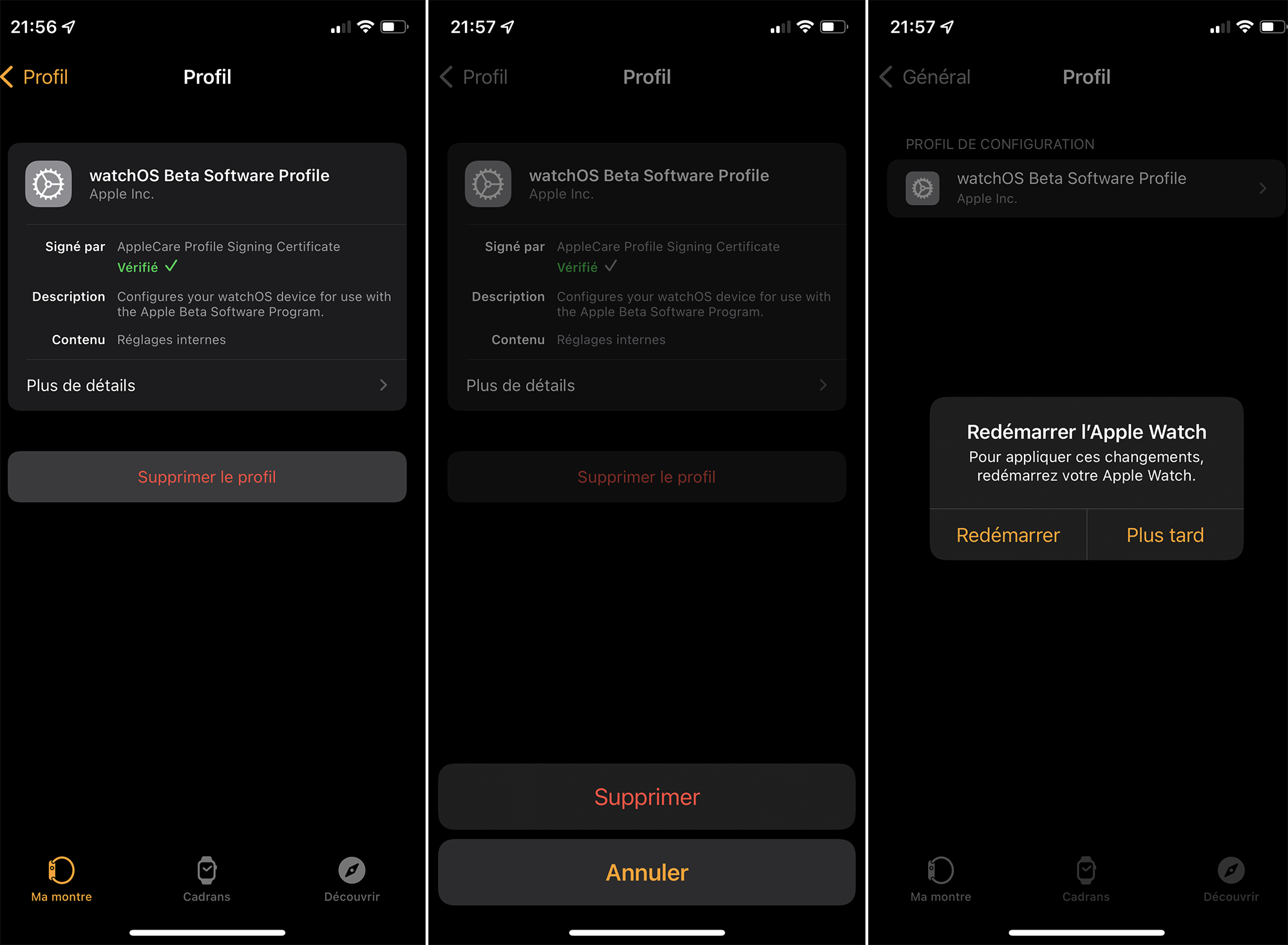 Illustration du texte : Supprimer le profil > Redémarrer