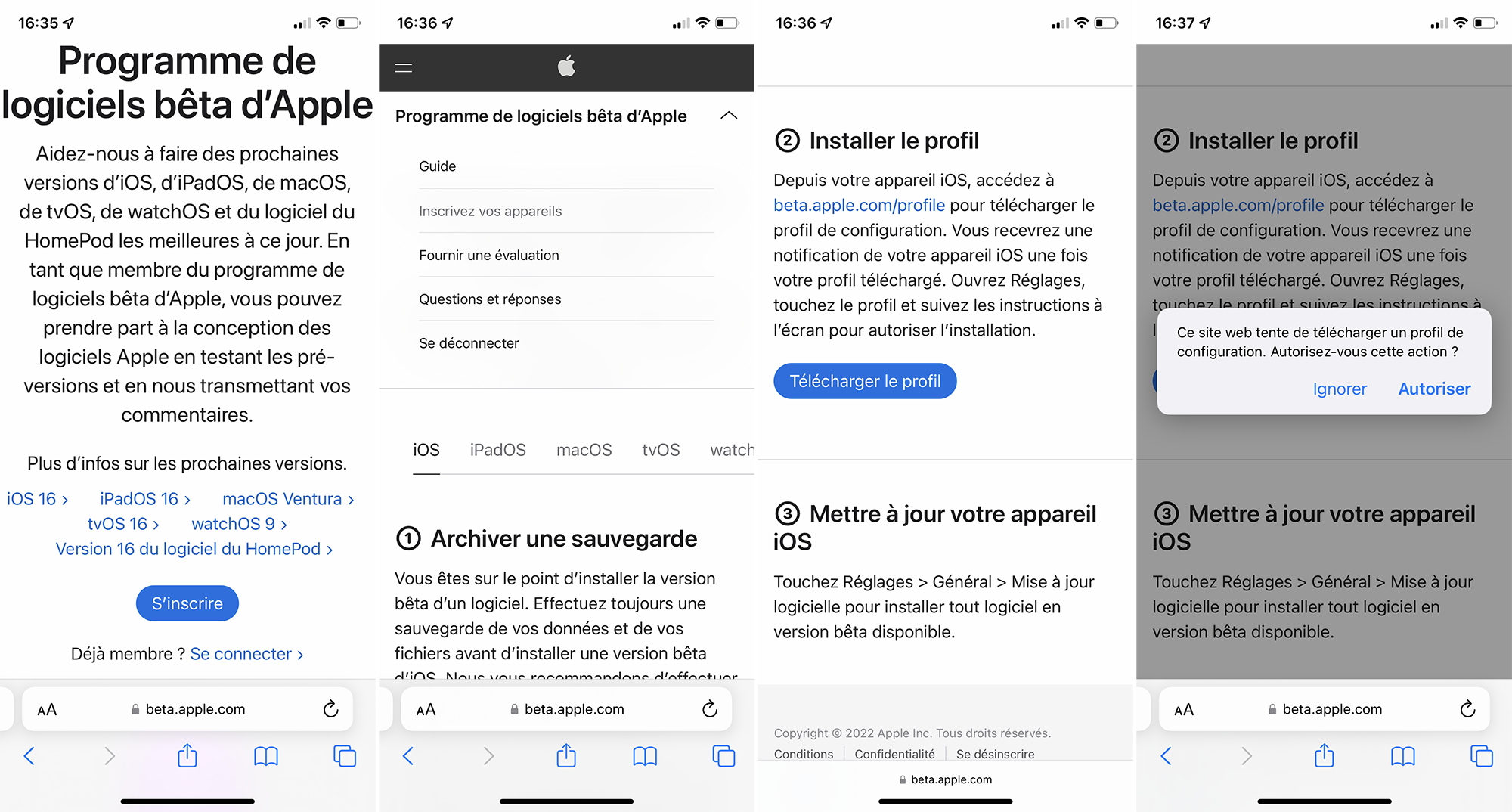 Illustration du texte : Site > Télécharger profil iOS 16 bêta sur iPhone