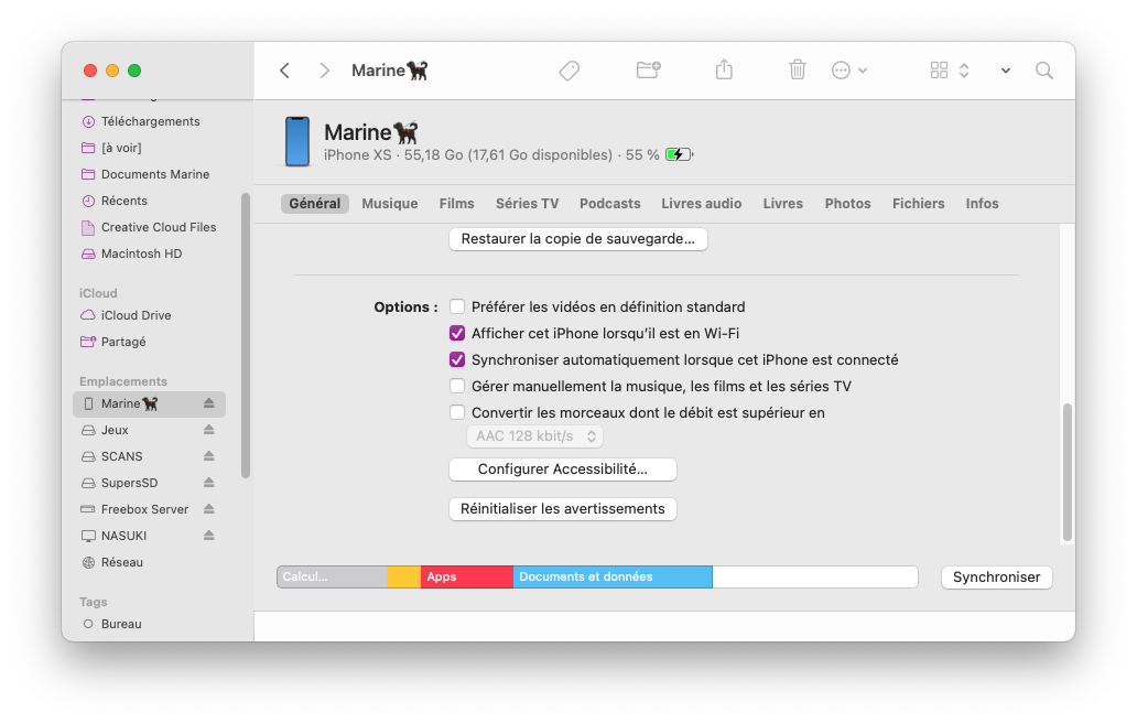 Mac : Finder > iPhone > Options