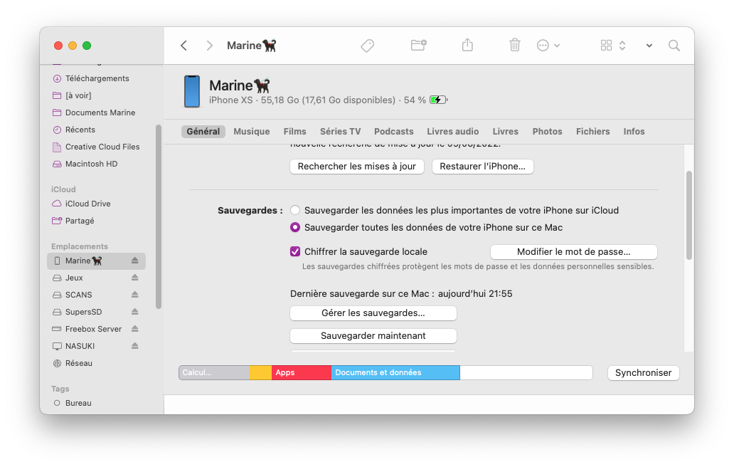 Mac : Finder > iPhone > Sauvegardes