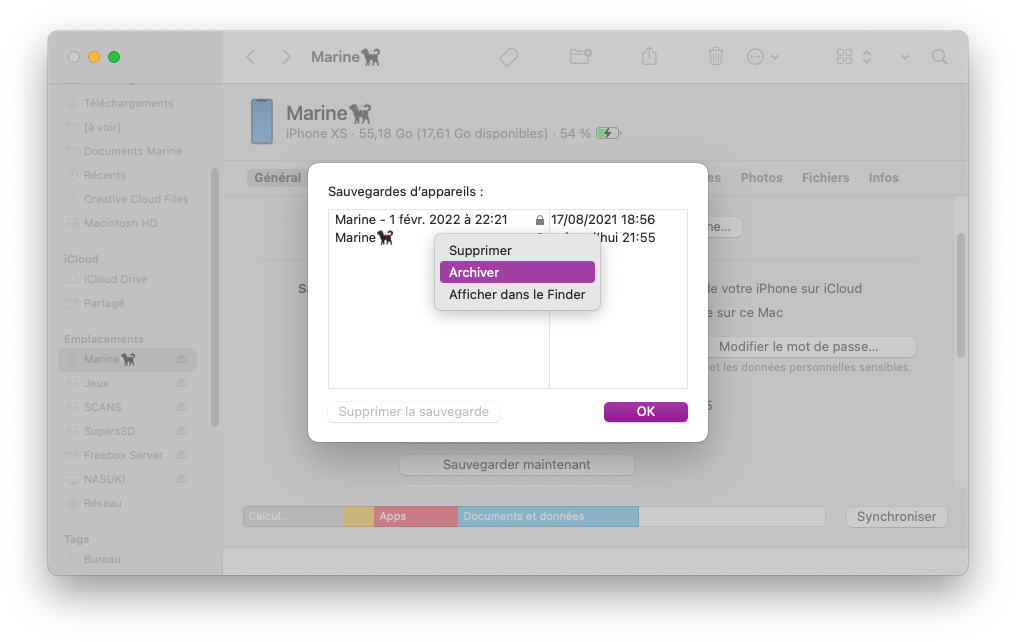 Mac : Finder > iPhone > Sauvegardes > Gérer les sauvegardes