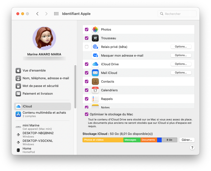 Mac : Préferences systeme > Identifiant Apple > iCloud