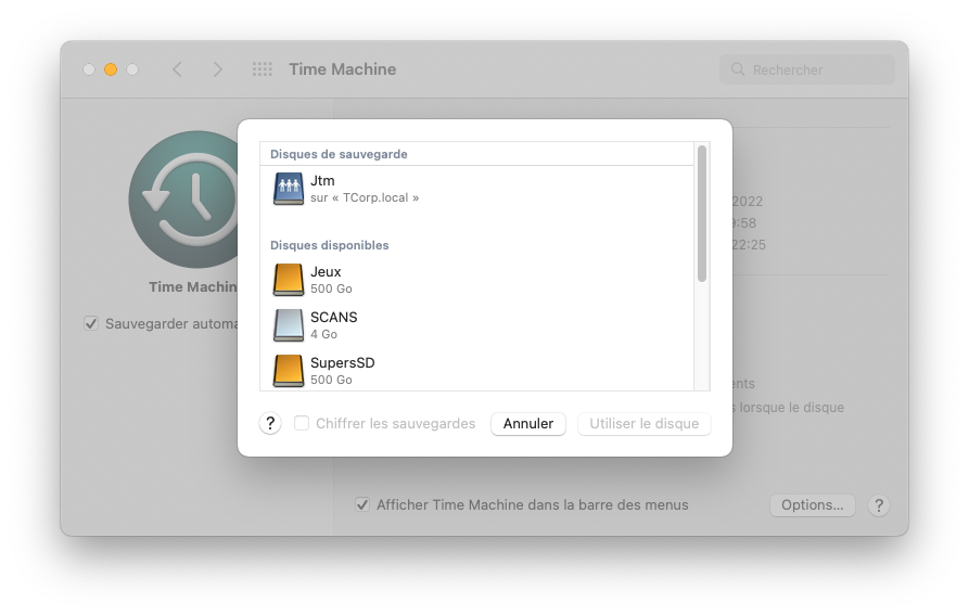 Mac :  > Préferences système > Time Machine > Choisir un disque
