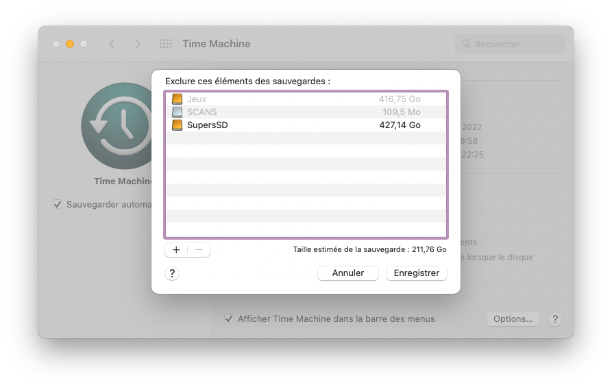 Mac :  > Préferences système > Time Machine > Options pour exclure des éléments des sauvegardes 