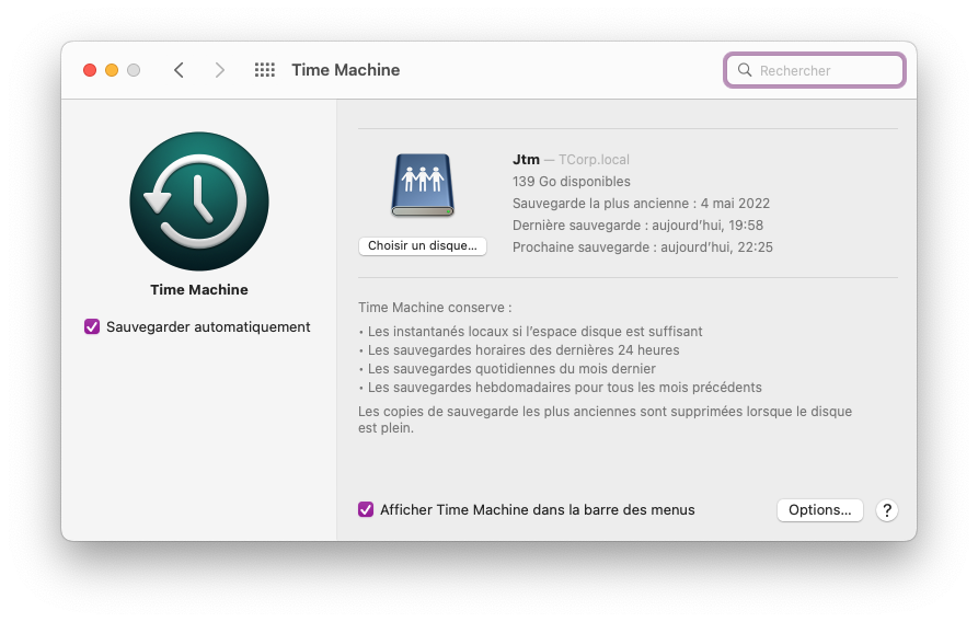 Mac :  > Préferences système > Time Machine