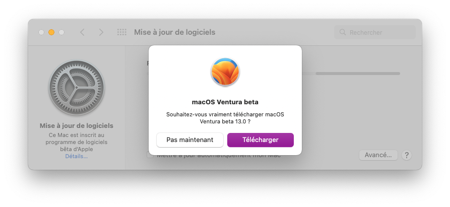 télécharger mise à jour macOS ventura-beta