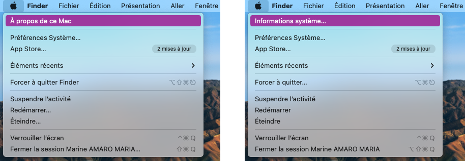 Menu  sans appuyer sur alt, avec À propos de ce Mac, en appuyant sur alt, Informations système