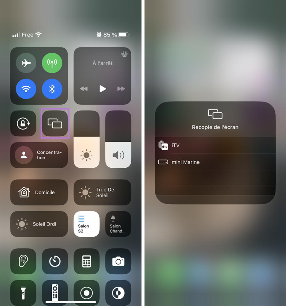 Centre de contrôle > Recopie de l'écran