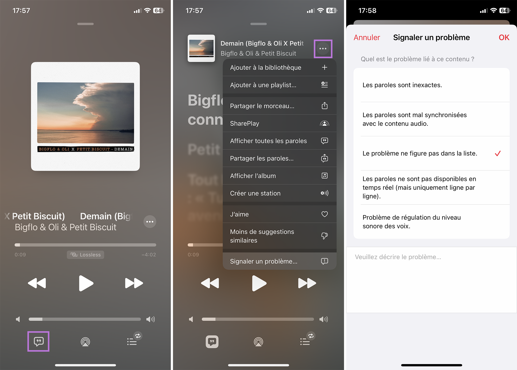 Illustration : app Musique > une musique > paroles > plus d'options > Signaler un problème 