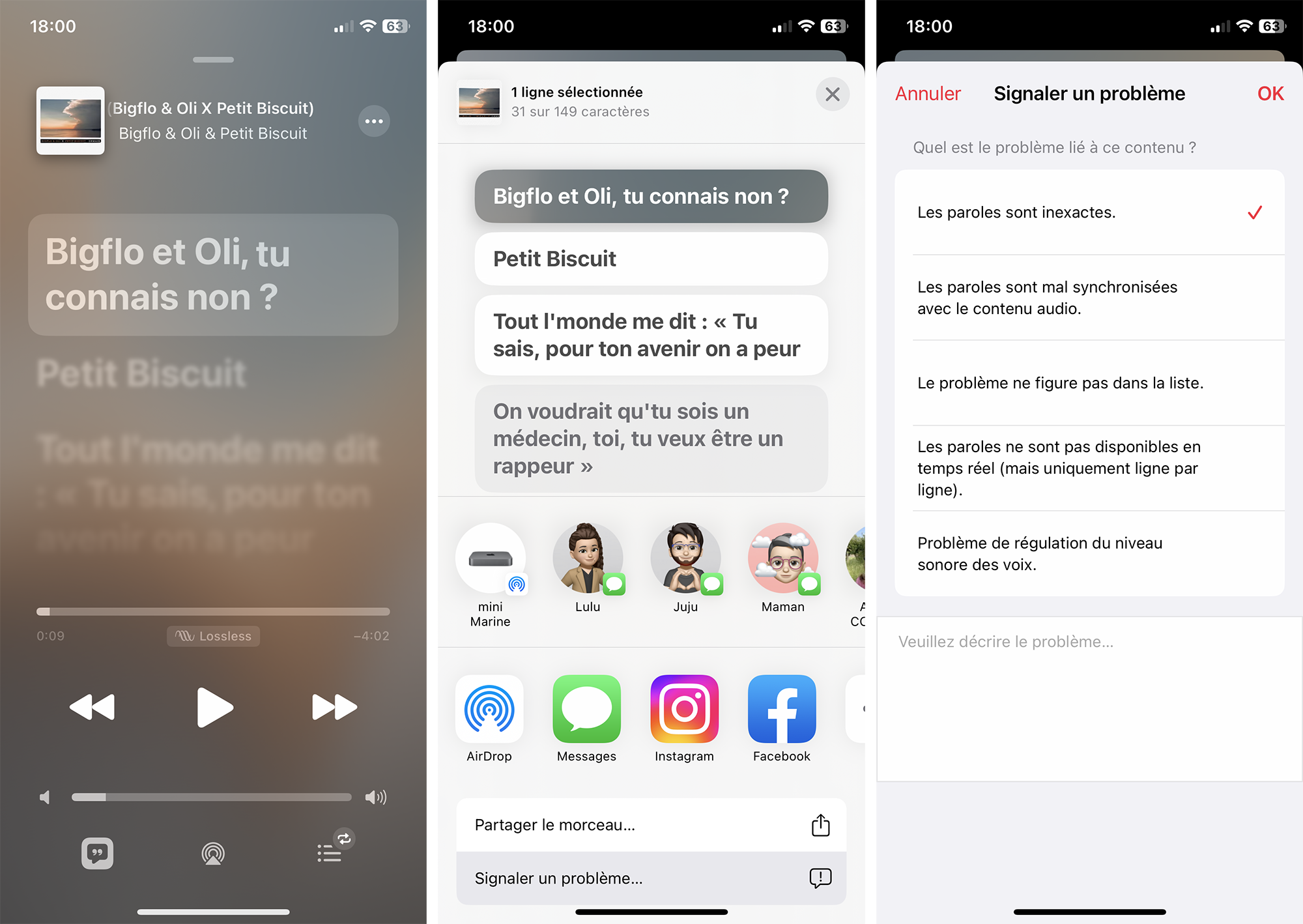 Illustration : app Musique > une musique > paroles > une ligne de parole > plus d'options > Signaler un problème 