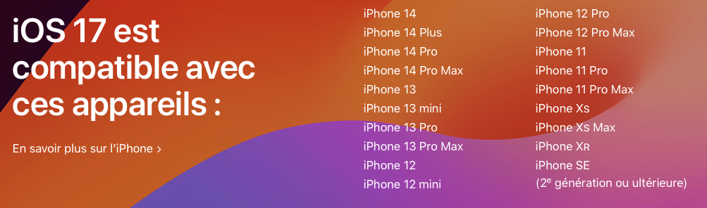 Illustration : liste des iPhone compatibles avec iOS 17