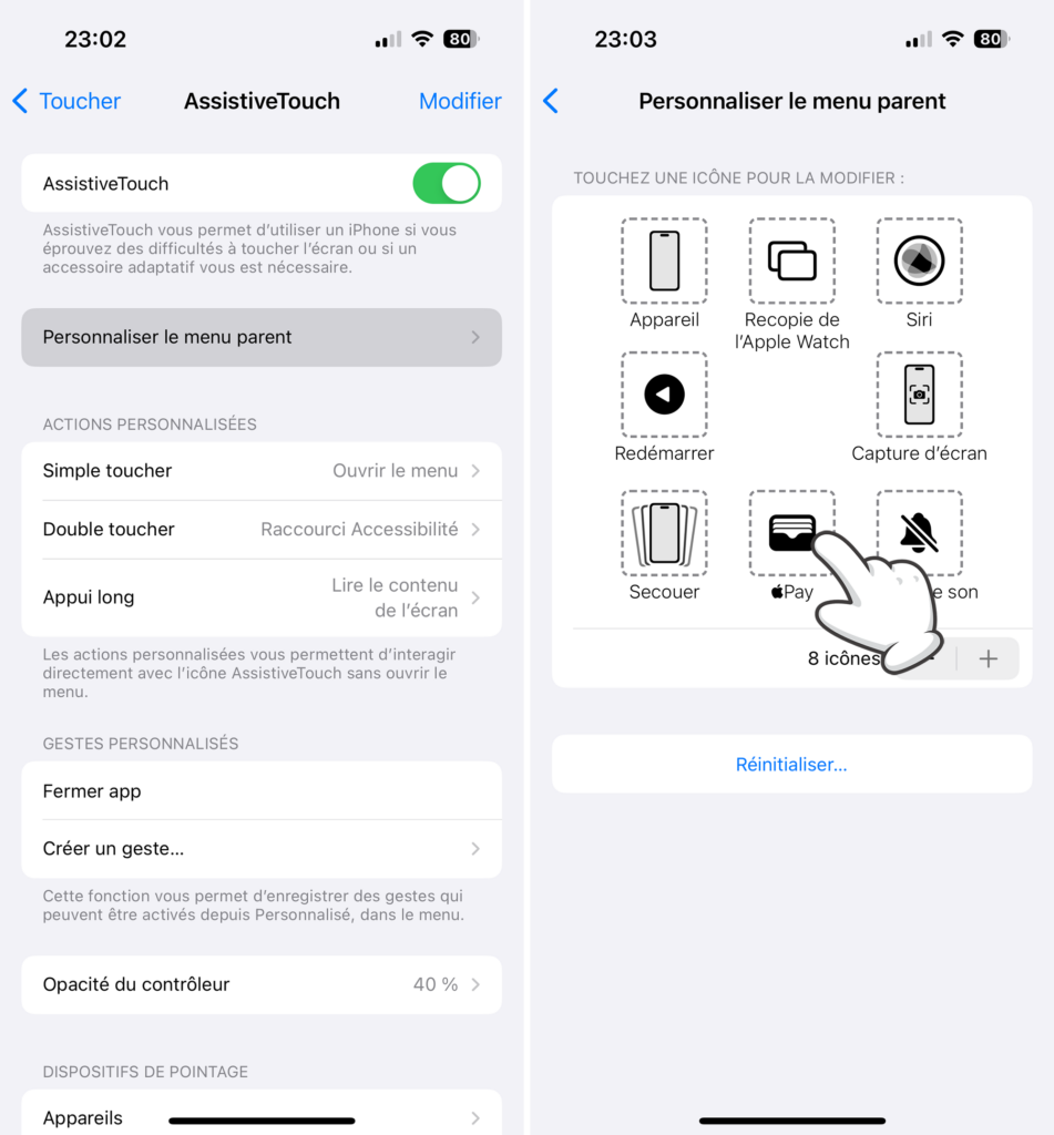 Ajouter Pay au menu parent d'AssistiveTouch de l'iPhone