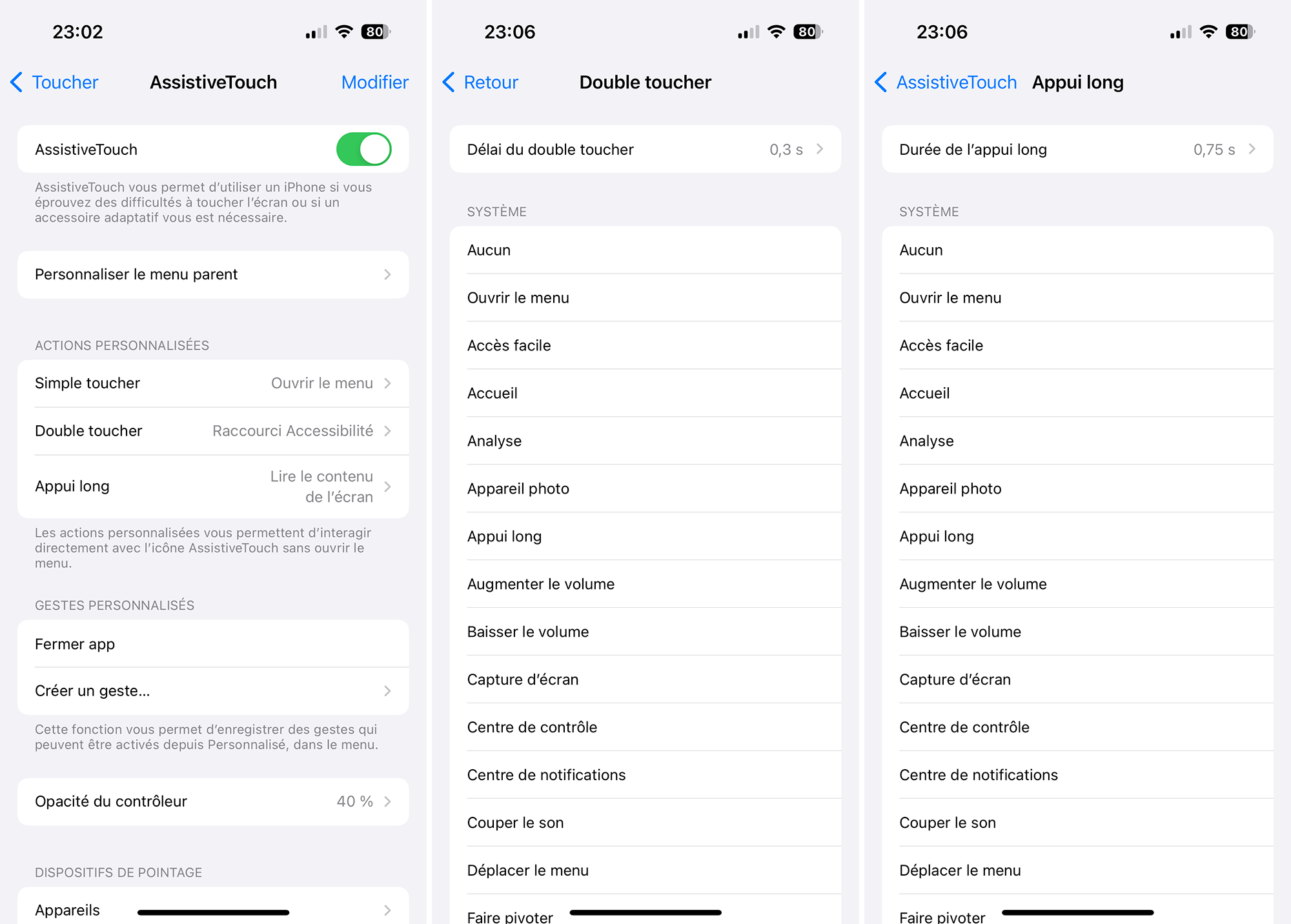 Réglages des actions personnalisées sur le bouton d'AssistiveTouch de l'iPhone