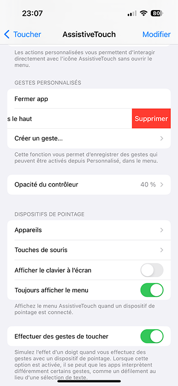 Supprimer un geste personnalisé d'AssistiveTouch