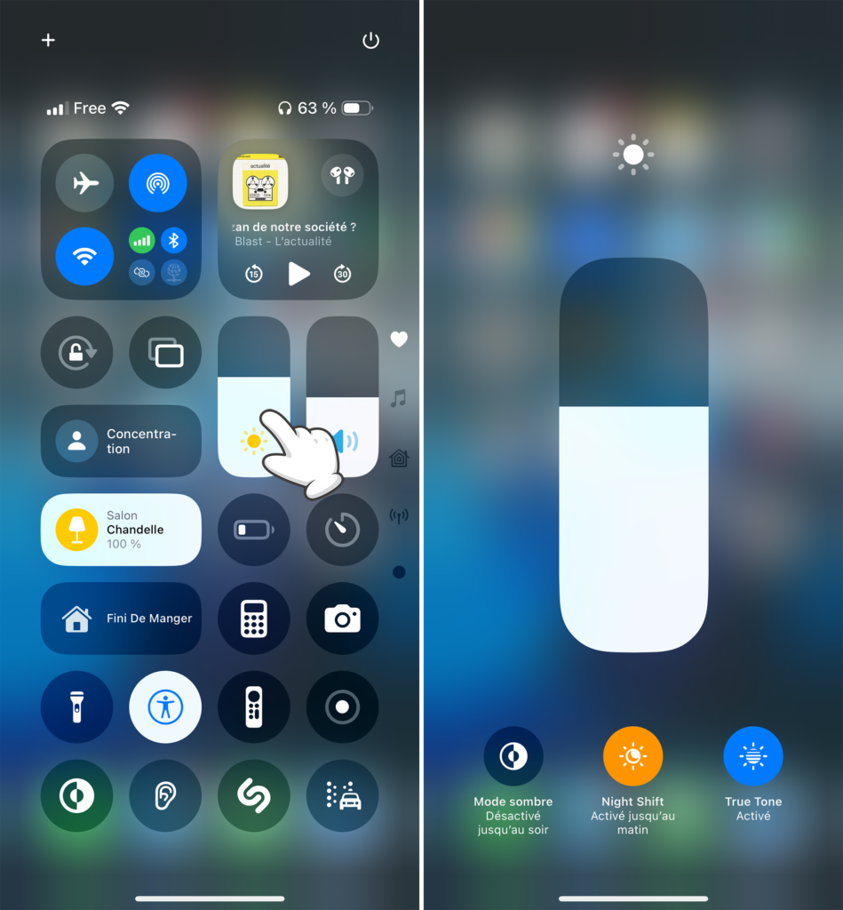 iPhone - Maintient long sur une commande du Centre de contrôle