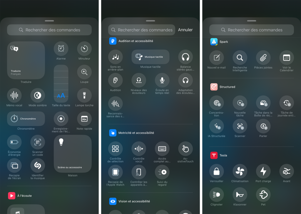Choix d'une commande au Centre de contrôle de l'iPhone