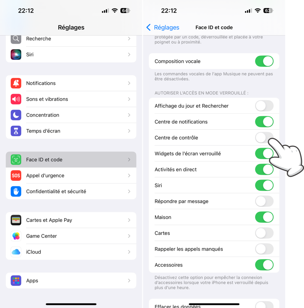 iPhone - Réglages > Face ID et code > Centre de contrôle
