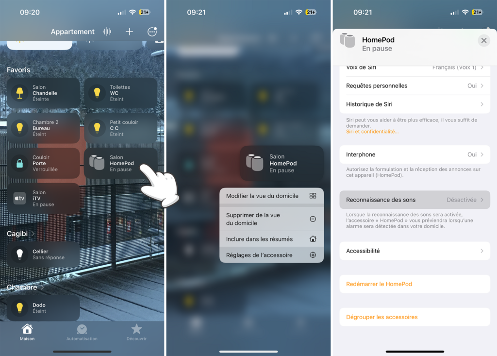 Les réglages du HomePod dans l'app Maison