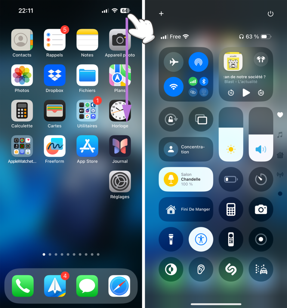 Ouvrir le Centre de contrôle sur iPhone