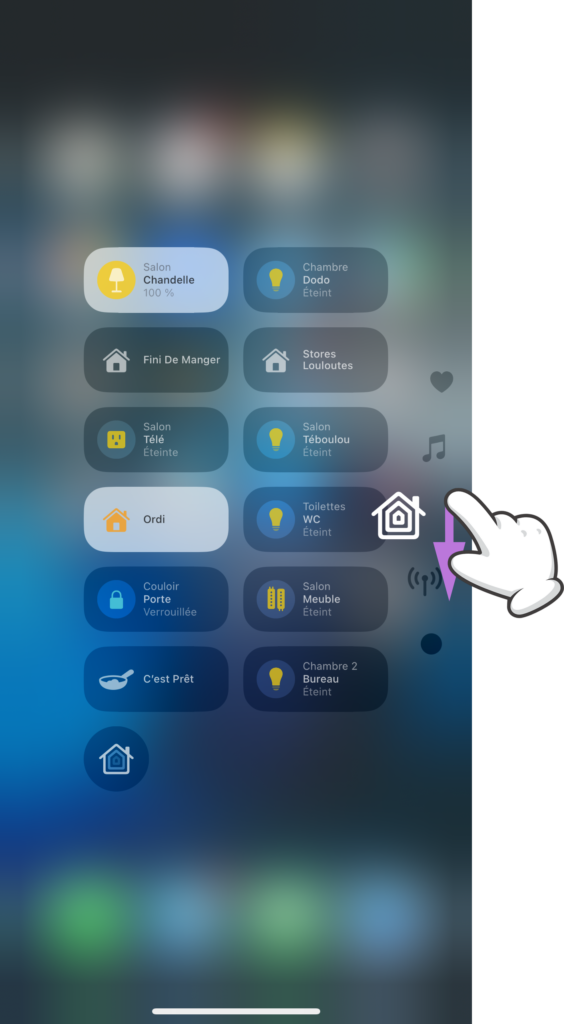Glisser le doigt sur les icônes des pages du Centre de contrôle à droite
