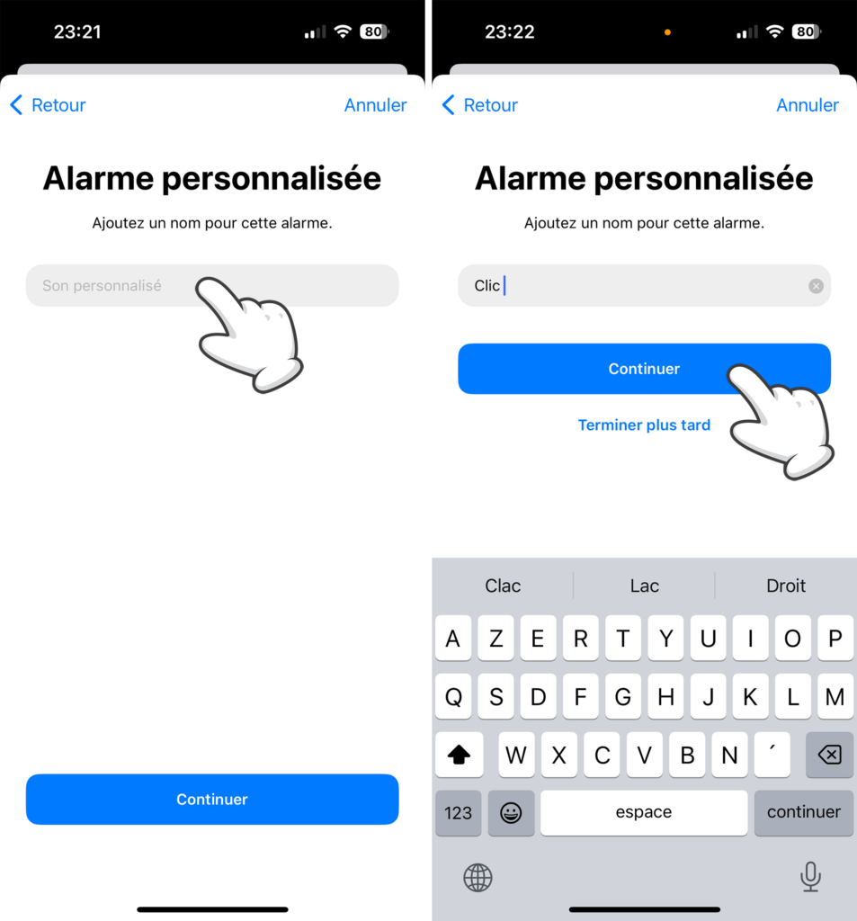 Continuer la création d'une alarme personnalisée