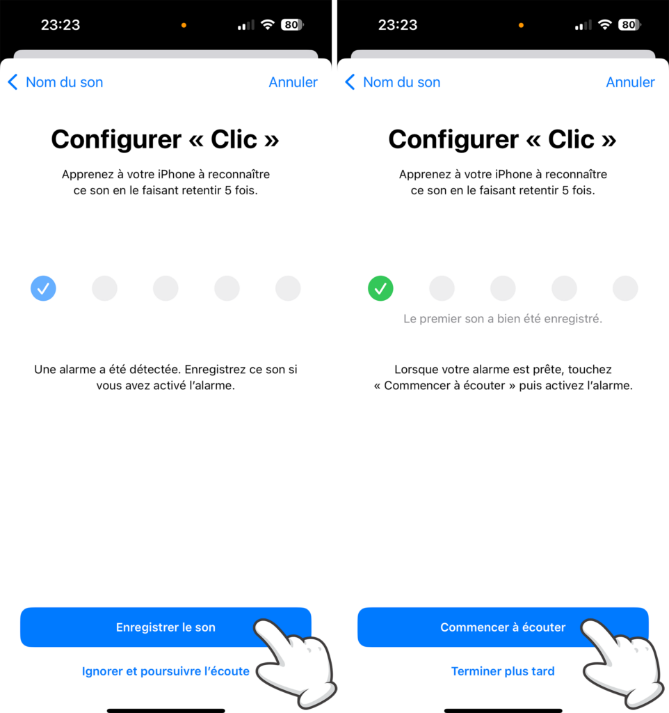 Continuer l'apprentissage d'une alarme personnalisée pour la reconnaissance des sons à votre iPhone
