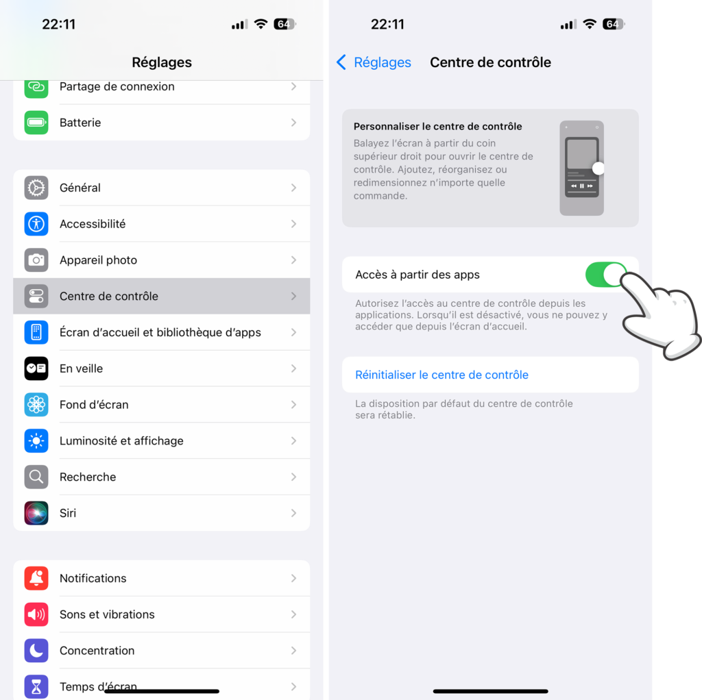 iPhone - Réglages > Centre de contrôle