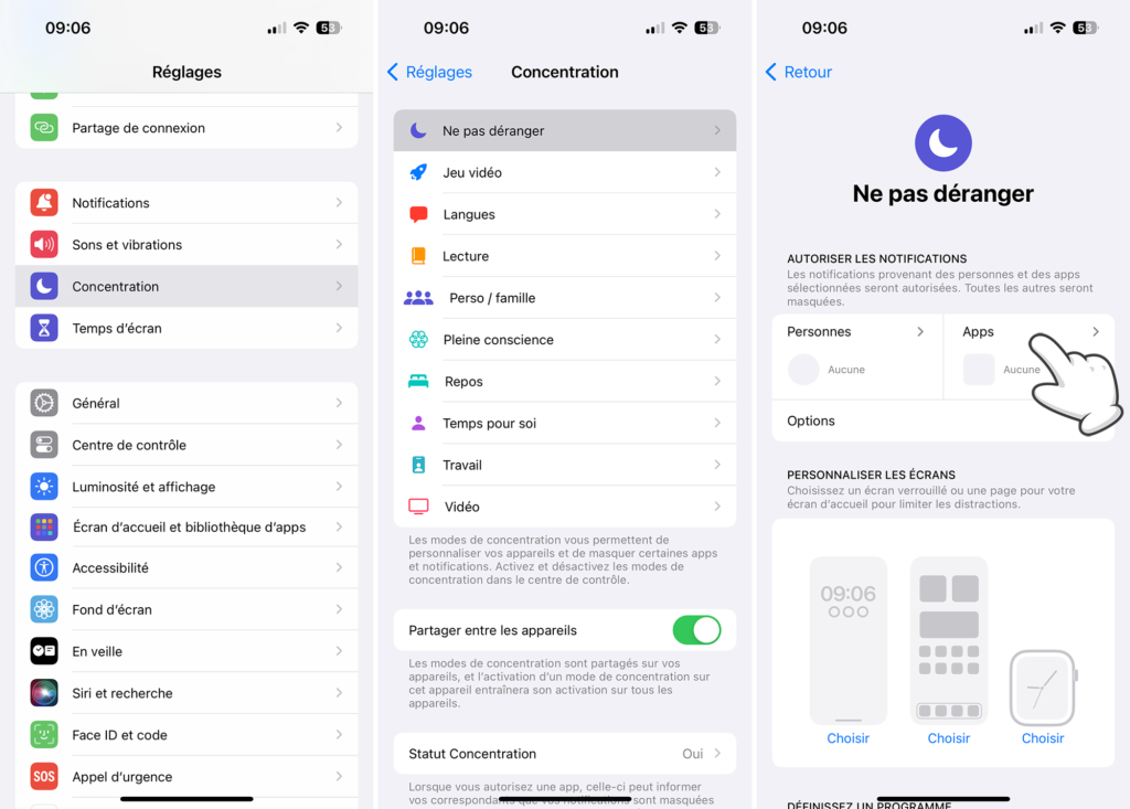 Les réglages des modes de concentration