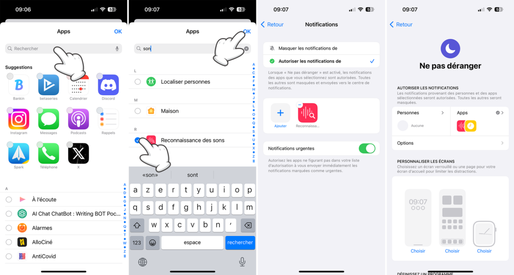 Ajouter la Reconnaissance des sons aux apps autorisées dans le mode de concentration