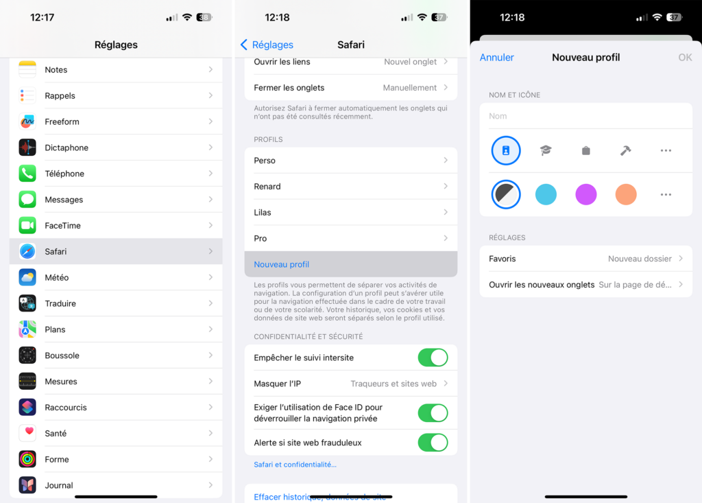 Ajouter un nouveau profil Safari depuis les Réglages sur iPhone