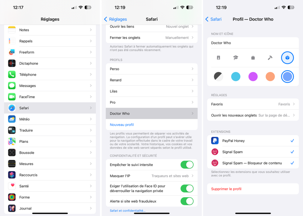 Modifier un profil Safari et gérer les extensions depuis les Réglages sur iPhone