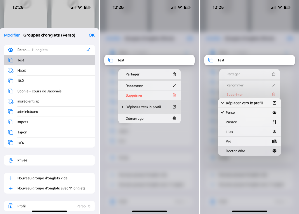 Déplacer un groupe d'onglets vers un autre profil Safari sur iPhone