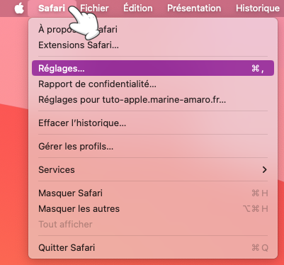 Accéder au menu Safari > Réglages