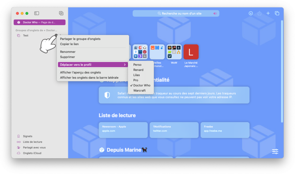 Déplacer un groupe d'onglets vers un autre profil Safari sur Mac