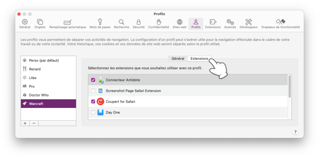 Modifier un profil Safari et ses extensions sur Mac