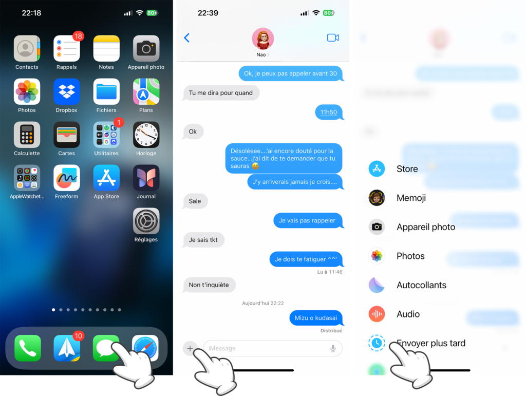 Sélectionner la fonctionnalité Envoyer plus tard dans Messages