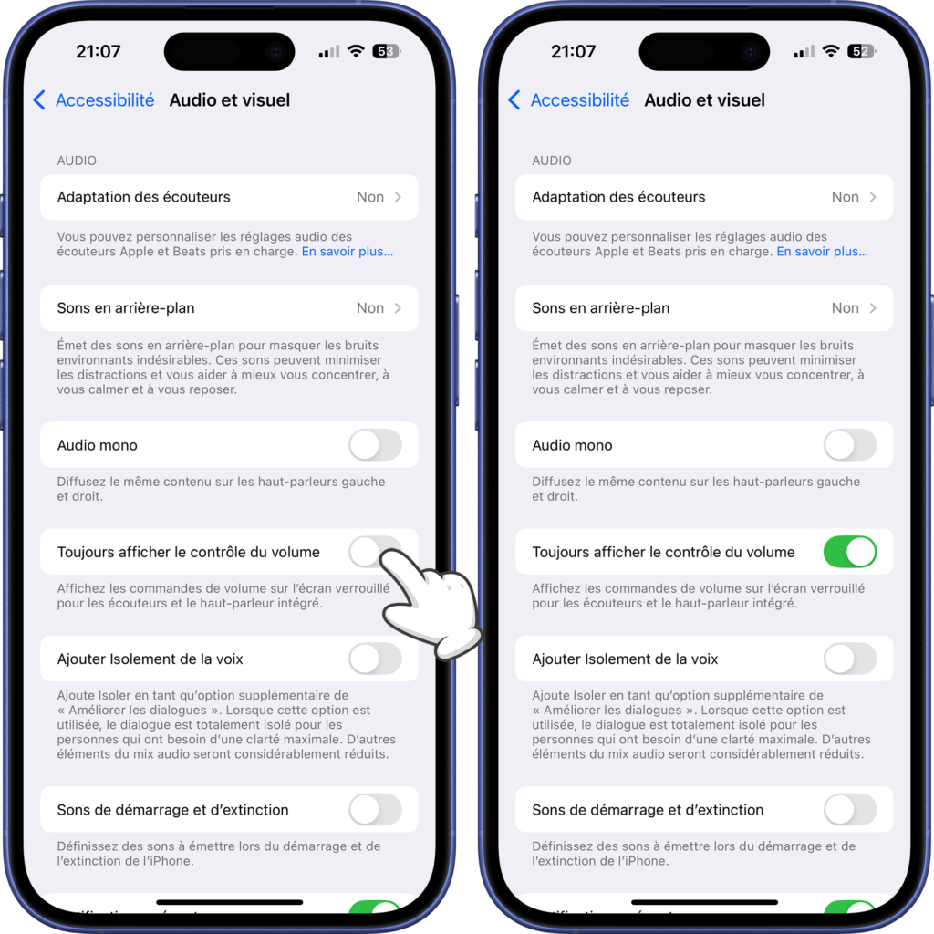 Activer toujours afficher le contrôleur de volume