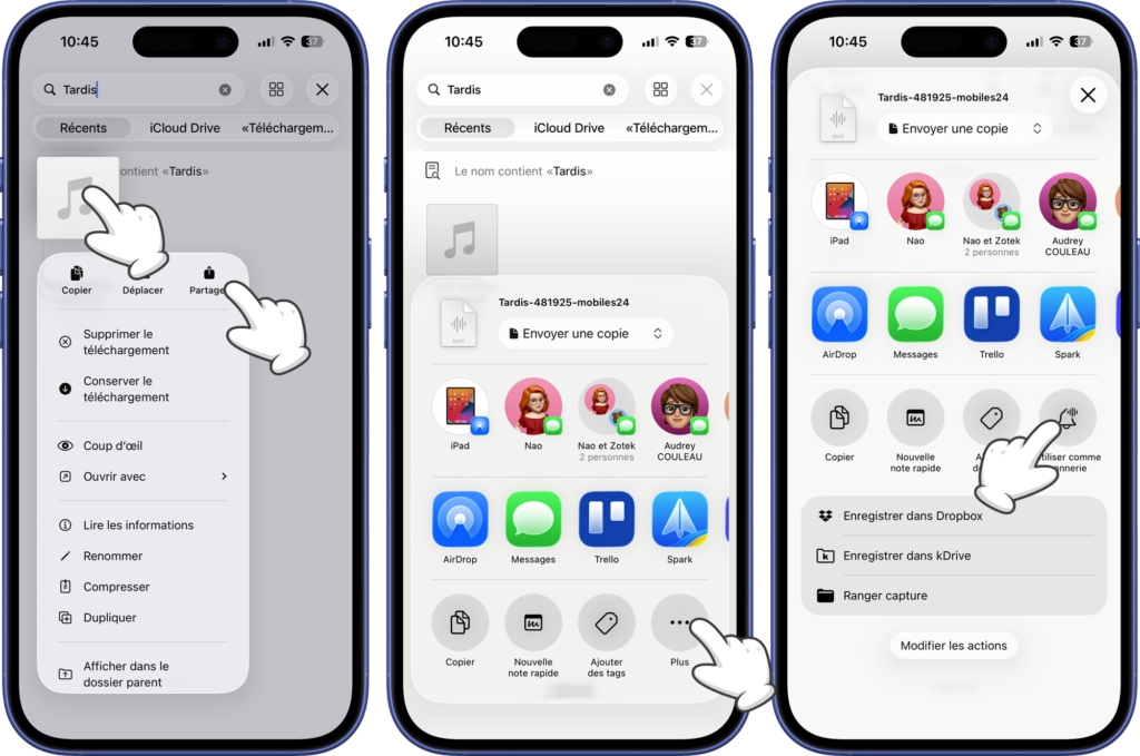 Depuis l'app Fichiers, acc&eacute;der au menu de partage de l'iPhone avec l&rsquo;option Utiliser comme sonnerie