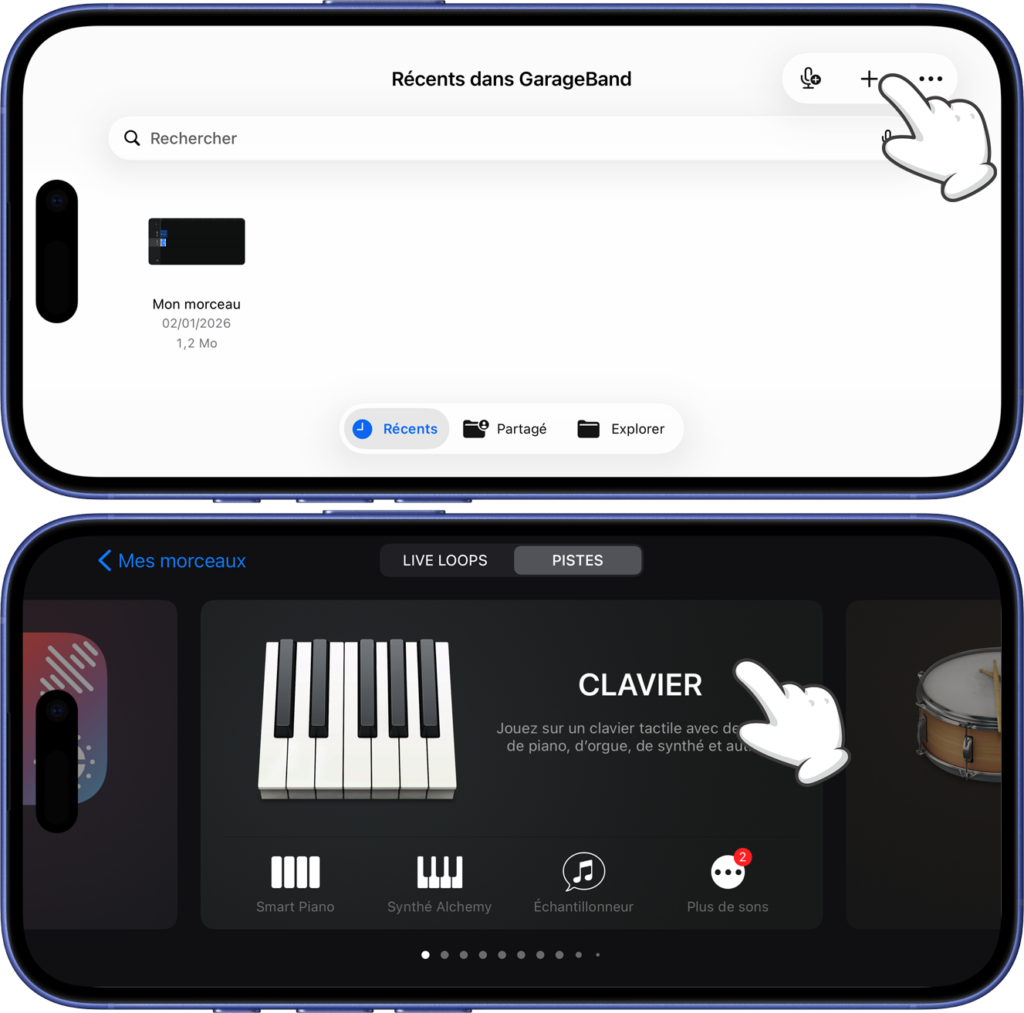 Cr&eacute;ation d'un nouveau morceau GarageBand sur iPhone