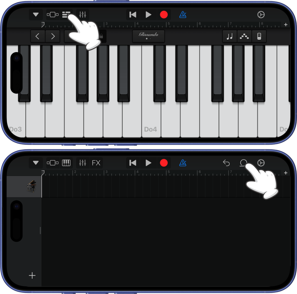 Affichage de la piste audio dans GarageBand et bouton loop pour acc&eacute;der aux fichiers