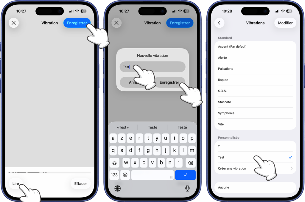 Sauvegarde de la vibration personnalis&eacute;e