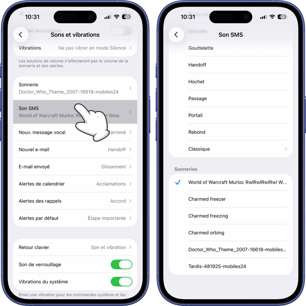 Aper&ccedil;u des sonneries pour les SMS