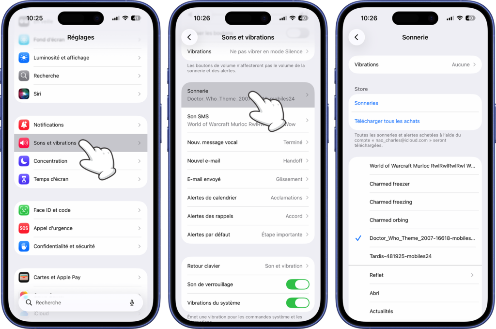 &Eacute;cran des r&eacute;glages iOS montrant le menu Sons et vibrations et en s&eacute;lectionnant Sonnerie