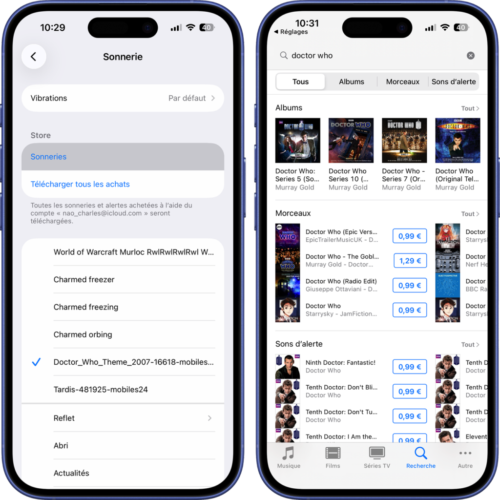 Aper&ccedil;u du store pour l'achat de sonneries sur iPhone