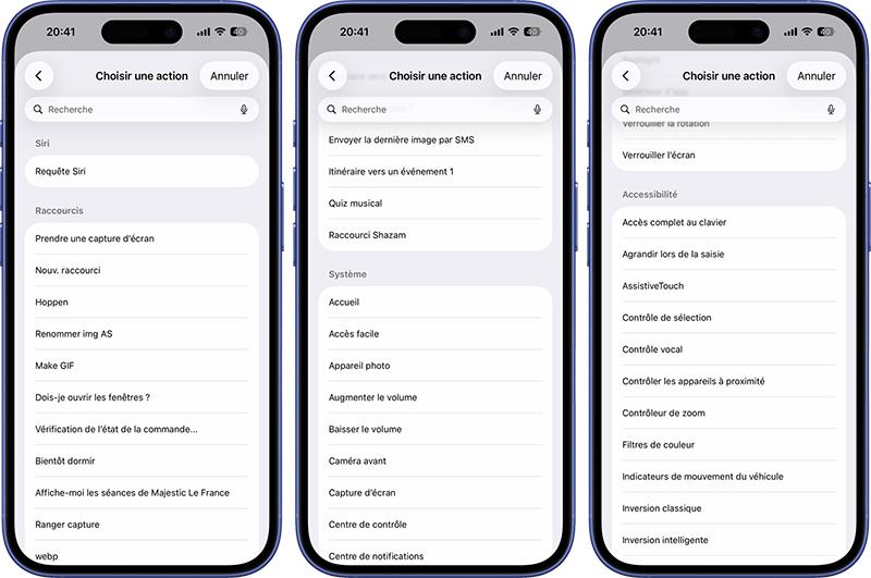 Choisir une action (requ&ecirc;te Siri, un raccourci, une action syst&egrave;me, une fonctionnalit&eacute; d'accessibilit&eacute;)
