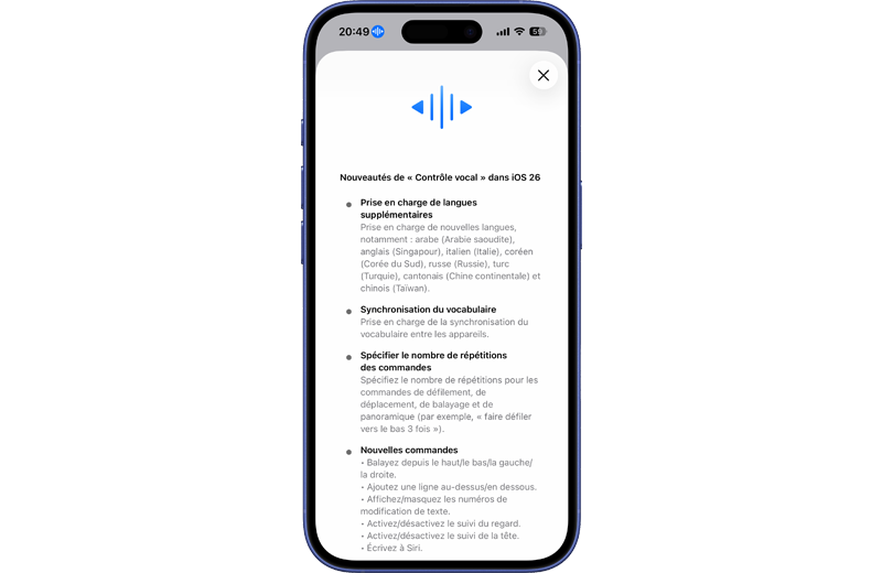 Nouveaut&eacute;s du Contr&ocirc;le vocal dans iOS 26