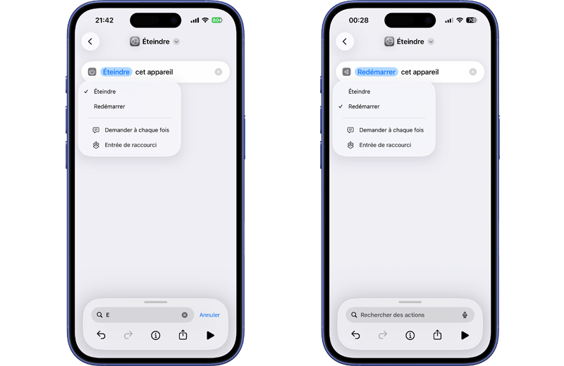 App Raccourcis avec l'action Red&eacute;marrer cet appareil