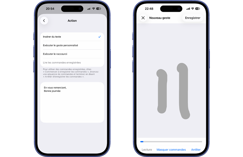Exemple d'actions : ins&eacute;rer du texte et nouveau geste
